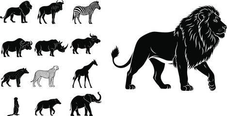 African wildlife silhouettes collection with lion zebra giraffe elephant rhino buffalo cheetah and safari animals isolated on white © MSTMONIRA