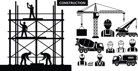 Construction industry icon set with workers scaffolding crane truck machinery and builder avatars vector illustration © MSTMONIRA