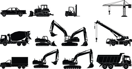 Construction equipment silhouettes set featuring excavators, cranes, trucks, forklift and heavy machinery isolated on white background © MSTMONIRA