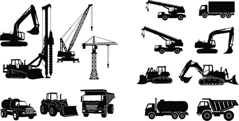 Construction machinery silhouettes collection with cranes, excavators, dump trucks and heavy equipment isolated on white background © MSTMONIRA