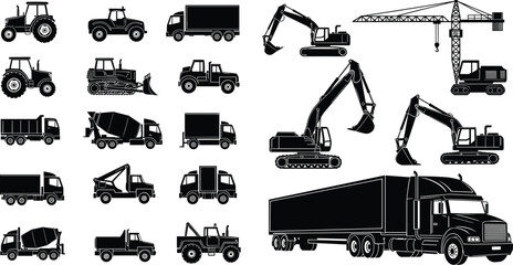 Construction vehicles and heavy equipment silhouette set with trucks excavators cranes tractors and machinery for industrial transport concepts © MSTMONIRA