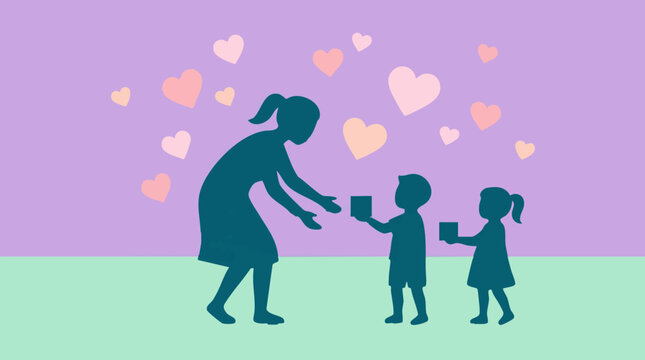 Mother silhouette giving gifts to two children with hearts background