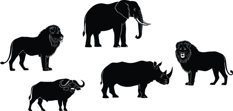 African wildlife silhouettes set with lion elephant rhinoceros buffalo safari animals isolated on white background