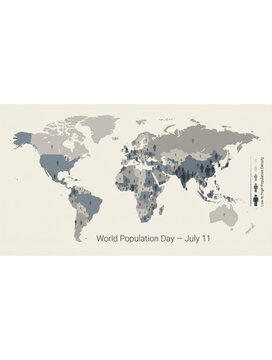 Global map with population density data and human icons for World Population Day event to illustrate world demographics and statistics reports

