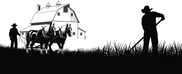 Rural farm silhouette with farmer horses plowing field and barn countryside agriculture traditional farming landscape illustration © MSTMONIRA