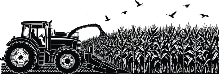 Tractor harvesting corn field silhouette with forage harvester agricultural machinery and birds rural farming landscape illustration © MSTMONIRA