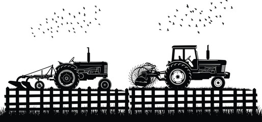 Tractor silhouettes working on farmland with plow and baler behind fence rural agriculture machinery landscape illustration © MSTMONIRA