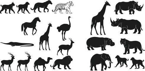 Wild animal silhouettes collection with lion tiger giraffe elephant rhino deer camel and safari wildlife isolated on white © MSTMONIRA