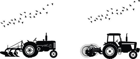 Tractor silhouettes with plow and rake equipment in farmland with flying birds agricultural machinery vector illustration © MSTMONIRA