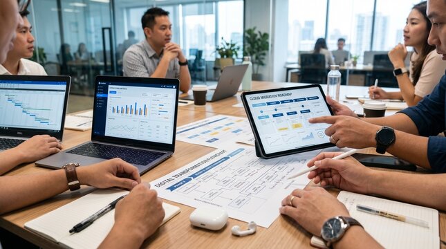 Professionals analyzing phase based technology adoption strategy in business environment image