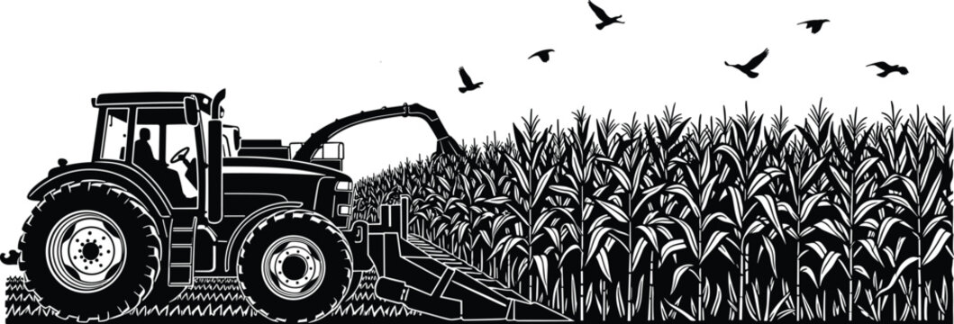 Tractor harvesting corn field silhouette with forage harvester agricultural machinery and birds rural farming landscape illustration