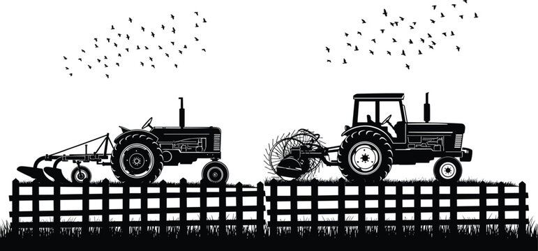 Tractor silhouettes working on farmland with plow and baler behind fence rural agriculture machinery landscape illustration