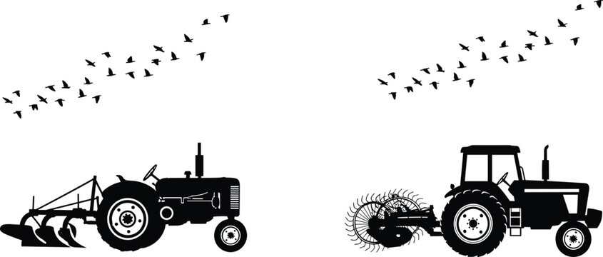 Tractor silhouettes with plow and rake equipment in farmland with flying birds agricultural machinery vector illustration