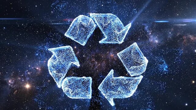 Circular sync arrows made of glowing particles swirling into shape, gradually forming a loop while rotating, deep space background with stars, cinematic camera slowly pushing forward