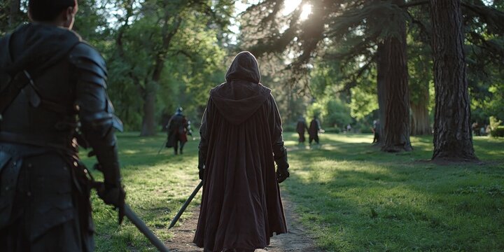 larpers are cosplaying as role-playing characters in the park