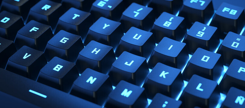 Close-up focusing on the keys of a mechanical gaming keyboard with RGB lights in blue mode.