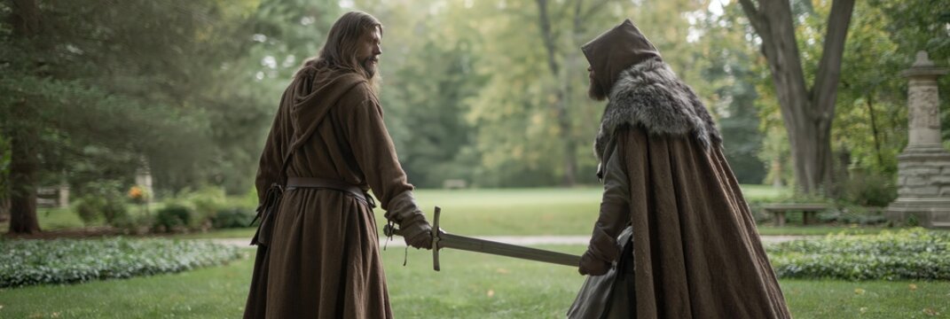 larpers are cosplaying as role-playing characters in the park