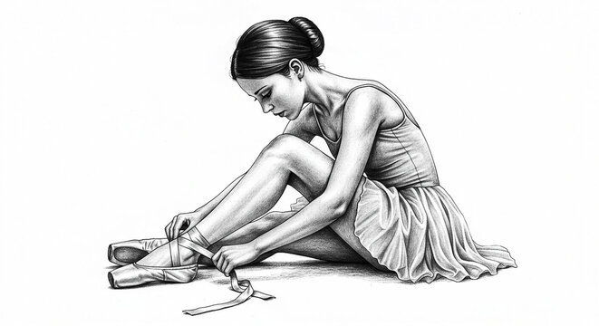 Beautiful realistic pencil drawing of a young ballerina preparing her pointe shoes before a performa
