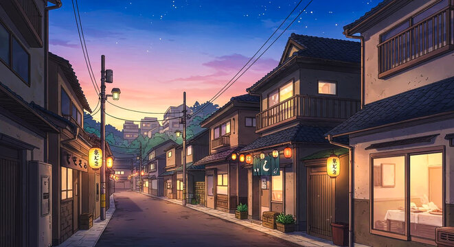 Quiet Tokyo residential street scene at twilight, featuring traditional homes and glowing chochin la