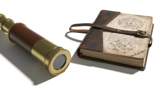 Antique spyglass and old map tools of exploration and discovery