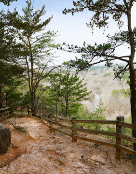 Hiking trail and overlook in Occoneechee Mountain State Natural Area in Hillsborough, North Carolina