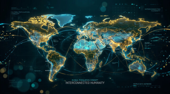 Futuristic world map with glowing data points and digital lines for World Population Day to illustrate interconnected humanity and global link
