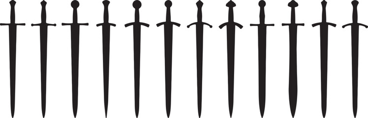 Fototapeta premium Collection of black silhouettes of medieval swords with varied pommel and crossguard also transparent background