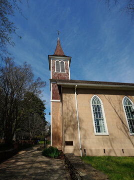 Historic Presbyterian church and old town cemetery in downtown Hillsborough North Carolina