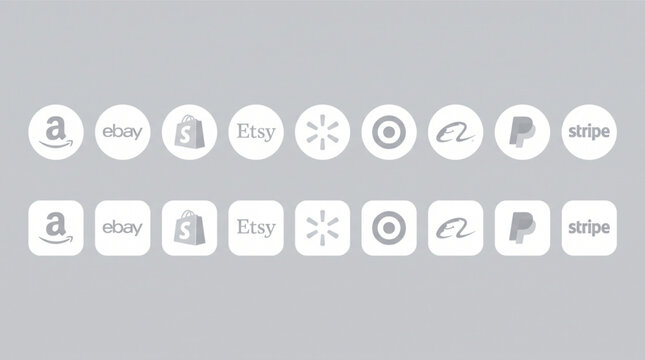 E-commerce logo icon set. Amazon, eBay, Shopify, Etsy, Walmart, Target, PayPal and Stripe logos. Online shopping and payment platform buttons in circular and square flat monochromatic design
