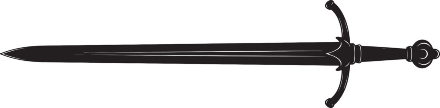Black silhouette of a medieval sword with a crossguard and pommel on a white background, also transparent background