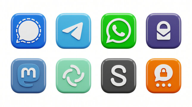 Social media icon. Contact us icon set. Signal logo, Telegram, WhatsApp, Skype, Mastodon, 3d logo set. Social networking buttons. Most popular messaging and communication apps logos on white