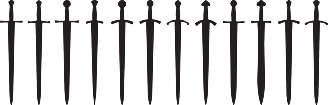 Collection of black silhouettes of medieval swords with varied pommel and crossguard also transparent background