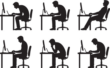Fototapeta premium Six black silhouettes of men sitting at desks with computers, displaying various postures and actions also transparent background