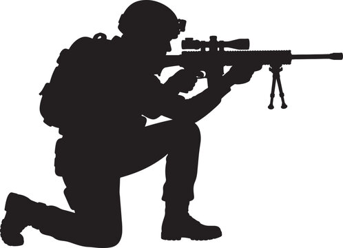 Silhouette of a soldier kneeling and aiming a sniper rifle with a bipod also transparent background