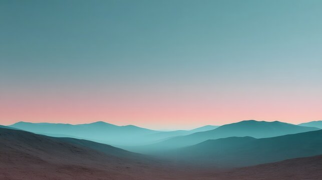 Layered mountain ranges receding into a soft pastel gradient sky at the time of dawn or dusk
