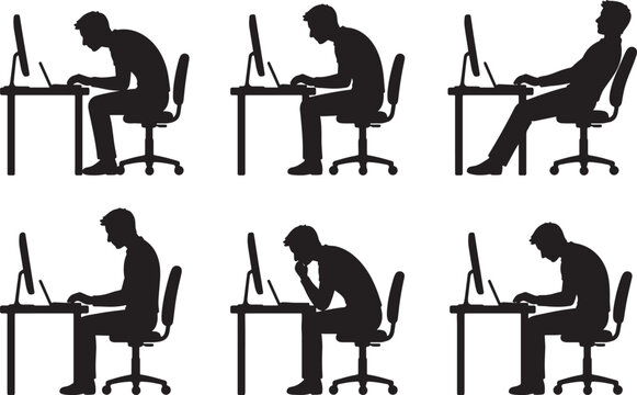 Six black silhouettes of men sitting at desks with computers, displaying various postures and actions also transparent background