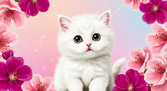 Adorable digital illustration of a fluffy white kitten with big green eyes framed by vibrant pink ch