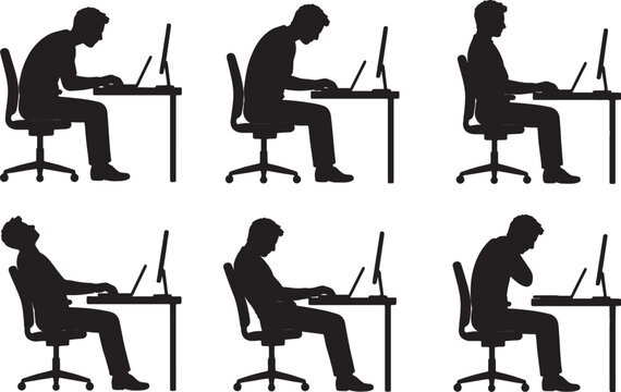 Six black silhouettes of men in chairs at desks with laptops, displaying various postures and actions also transparent background