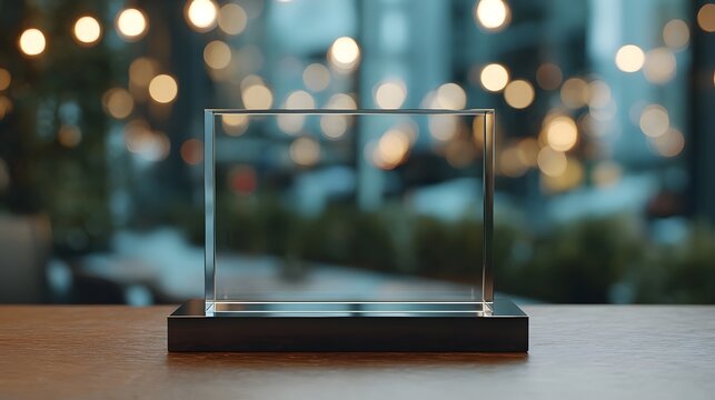 A clear acrylic display plaque rests on a wooden surface set against a warm blurred bokeh backdrop of city lights