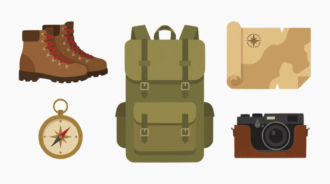 Hiking Equipment Icons with Backpack and Map