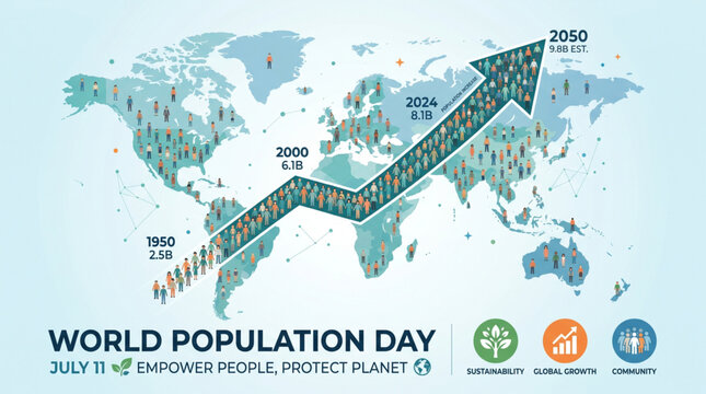 Global map with rising arrow and year milestones for World Population Day to visualize historical growth and future demographic projection
