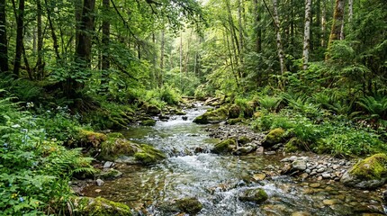 Fototapeta premium Scenic river flowing over rocks in a dense green woodland with ferns and sunlight filtering through trees.