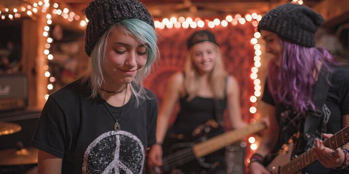 garage band is practicing playing rock music in garage