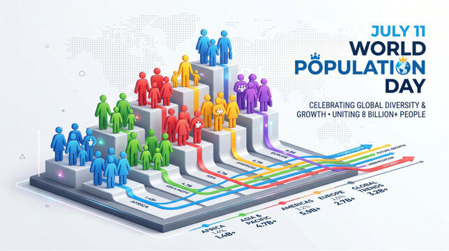 Colorful 3D bar chart with people icons for World Population Day to illustrate global demographic growth and regional census statistics
