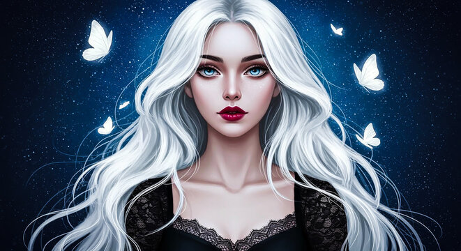 Ethereal portrait of a woman with white hair and bright blue eyes against a starry night sky.