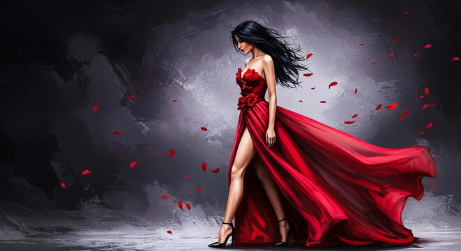 Elegant woman in a dramatic red gown walking against a dark backdrop.