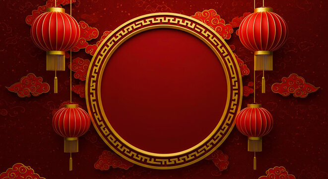 Luxurious 3D background with traditional red lanterns and golden circular frame for Chinese New Year