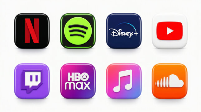 3D modern glossy app icons set for popular streaming services. Netflix logo, Spotify icon, Disney Plus, YouTube button, Twitch, HBO Max, Apple Music, SoundCloud logos on white background