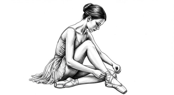 Pencil sketch illustration of a young ballerina tying her ballet pointe shoe ribbons.