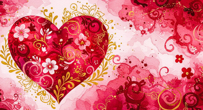 Watercolor background with ornate red heart and golden floral patterns for romantic holidays and wed